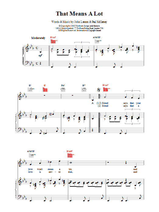 The Beatles That Means A Lot Sheet Music Notes & Chords for Piano, Vocal & Guitar (Right-Hand Melody) - Download or Print PDF