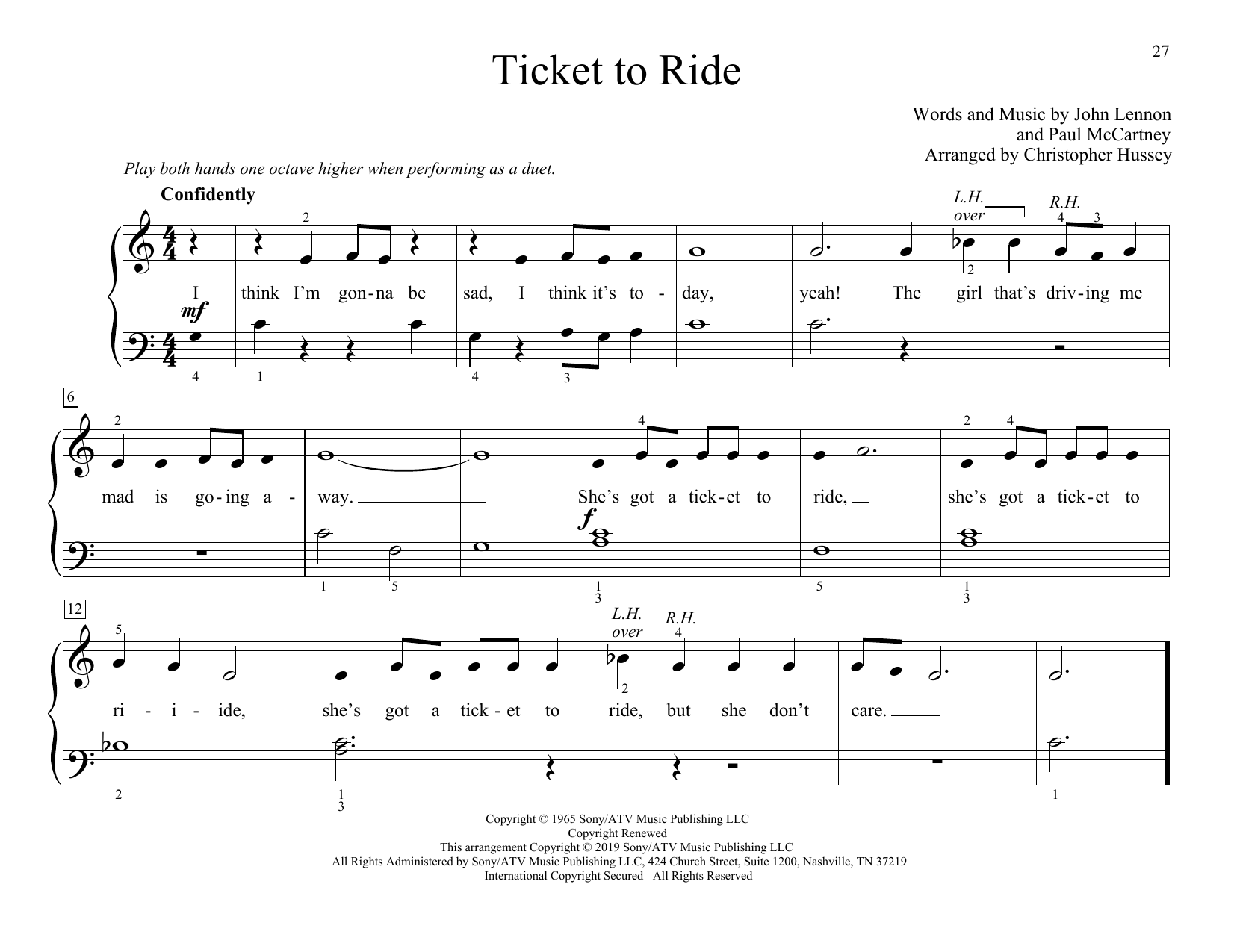The Beatles Ticket To Ride (arr. Christopher Hussey) Sheet Music Notes & Chords for Piano Duet - Download or Print PDF