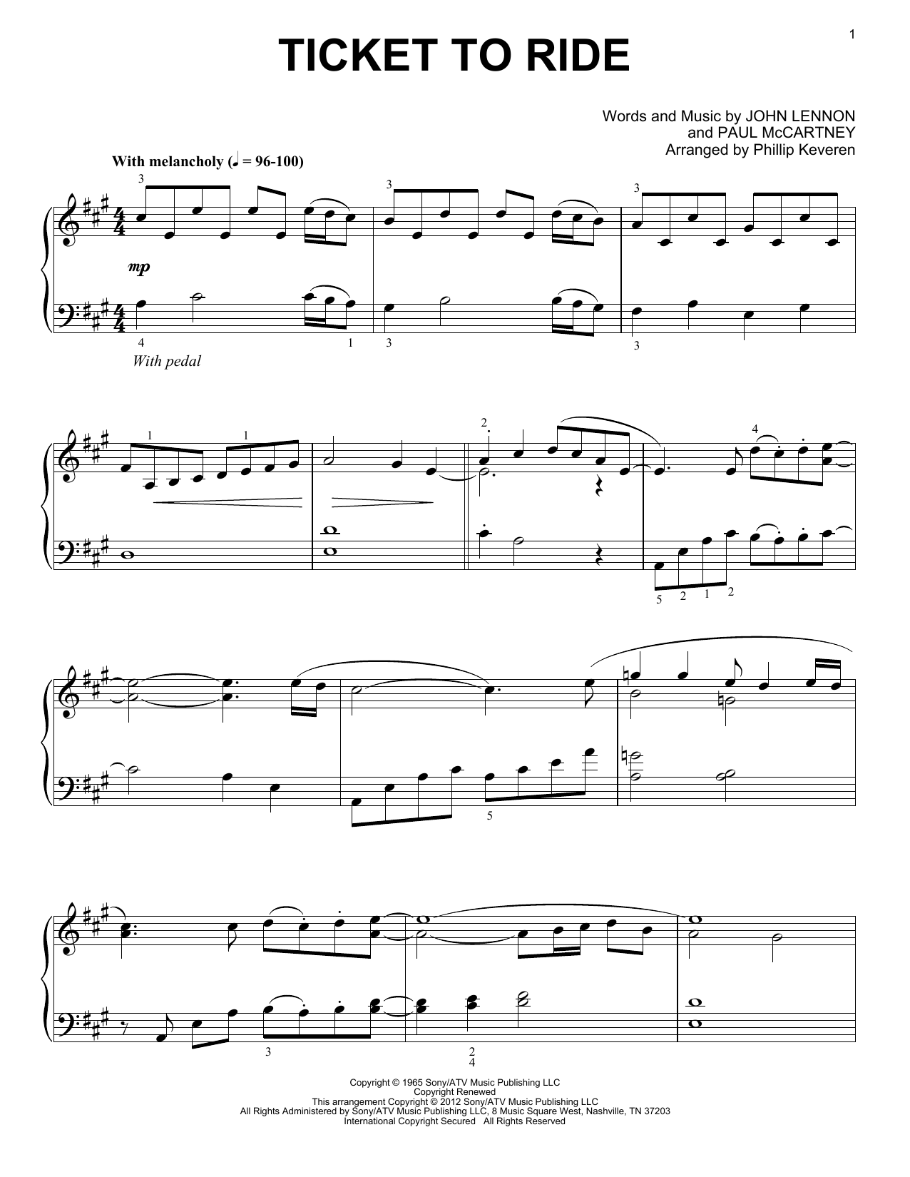 The Beatles Ticket To Ride [Classical version] (arr. Phillip Keveren) Sheet Music Notes & Chords for Piano - Download or Print PDF