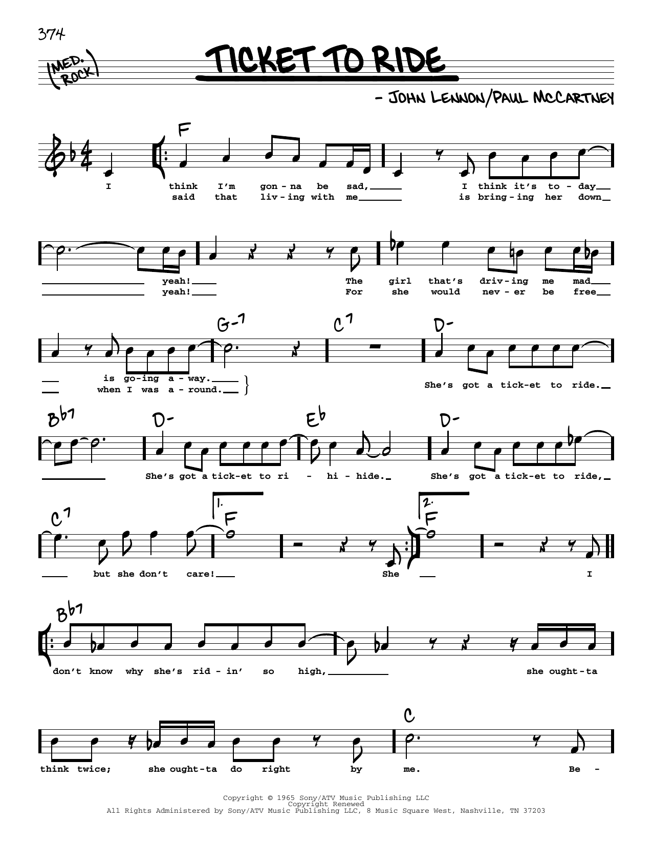 The Beatles Ticket To Ride (High Voice) Sheet Music Notes & Chords for Real Book – Melody, Lyrics & Chords - Download or Print PDF