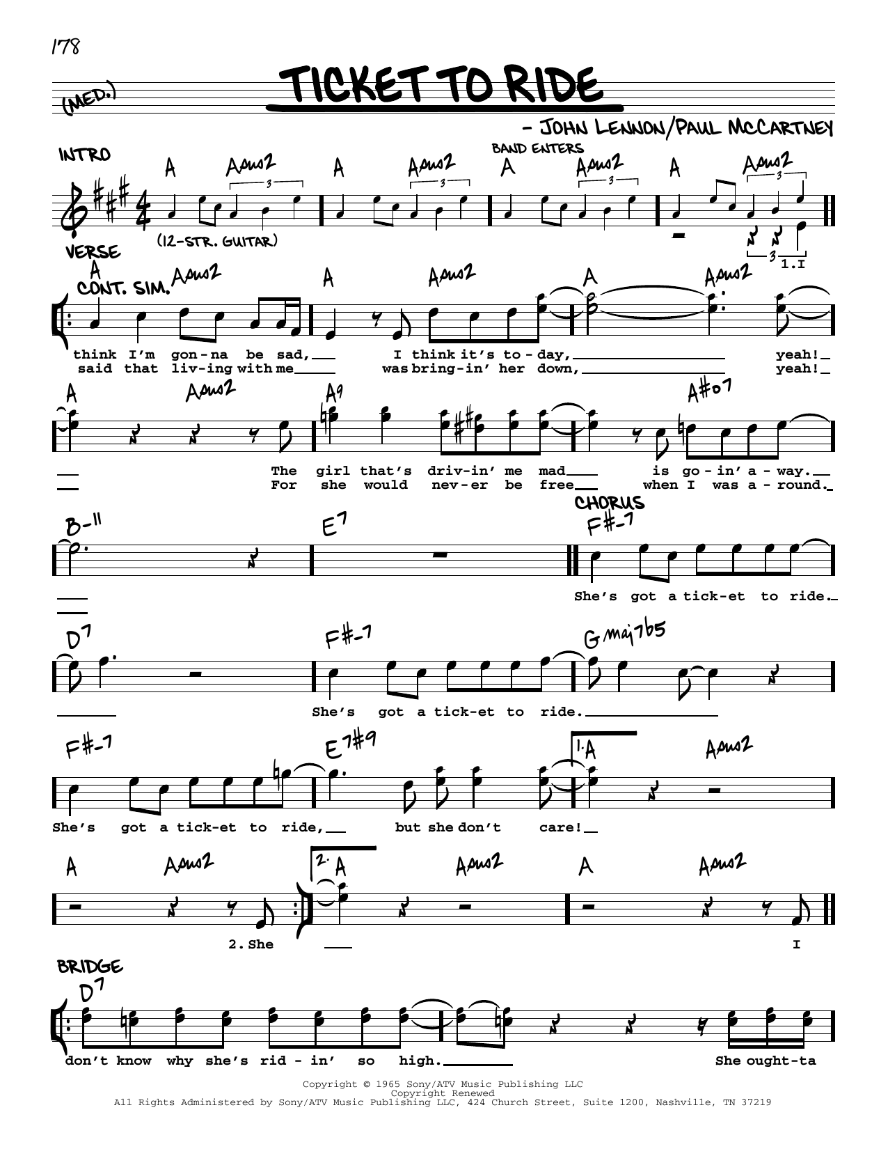 The Beatles Ticket To Ride [Jazz version] Sheet Music Notes & Chords for Real Book – Melody, Lyrics & Chords - Download or Print PDF