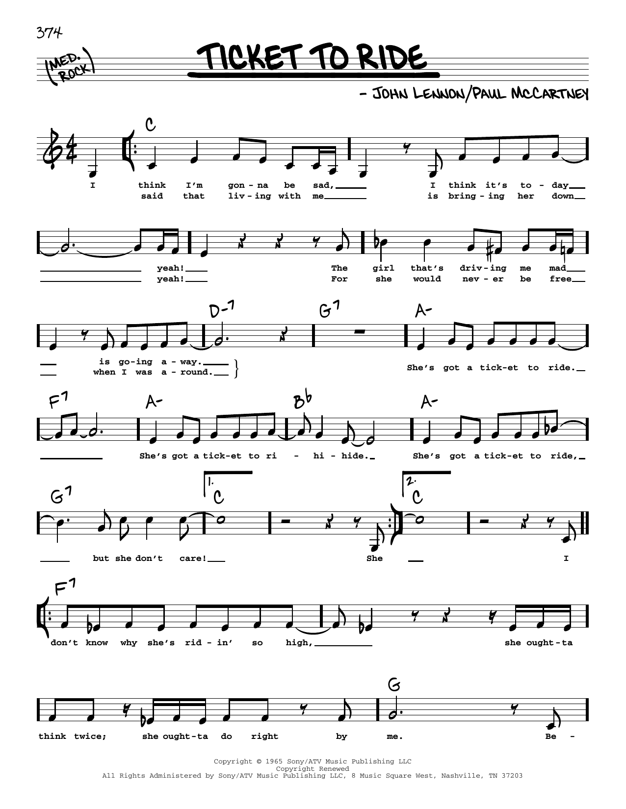 The Beatles Ticket To Ride (Low Voice) Sheet Music Notes & Chords for Real Book – Melody, Lyrics & Chords - Download or Print PDF