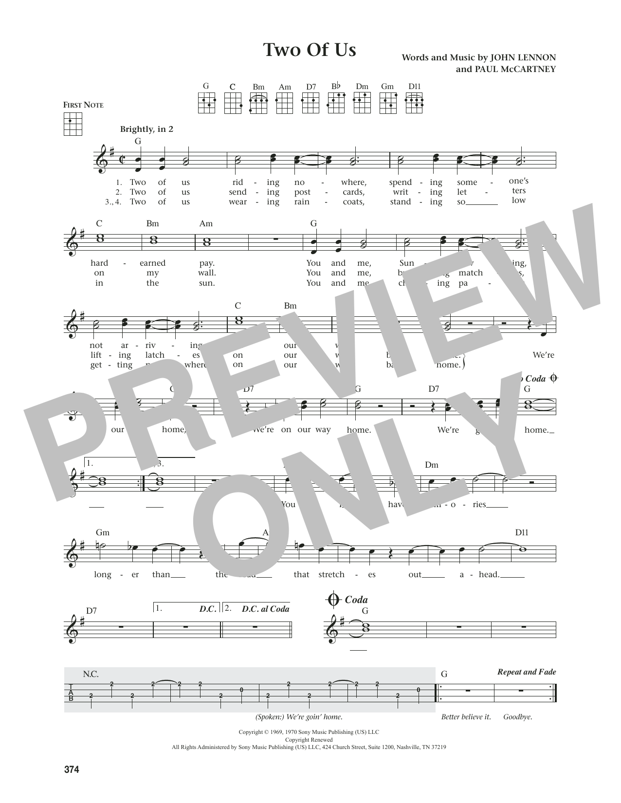 The Beatles Two Of Us (from The Daily Ukulele) (arr. Jim Beloff) Sheet Music Notes & Chords for Ukulele - Download or Print PDF