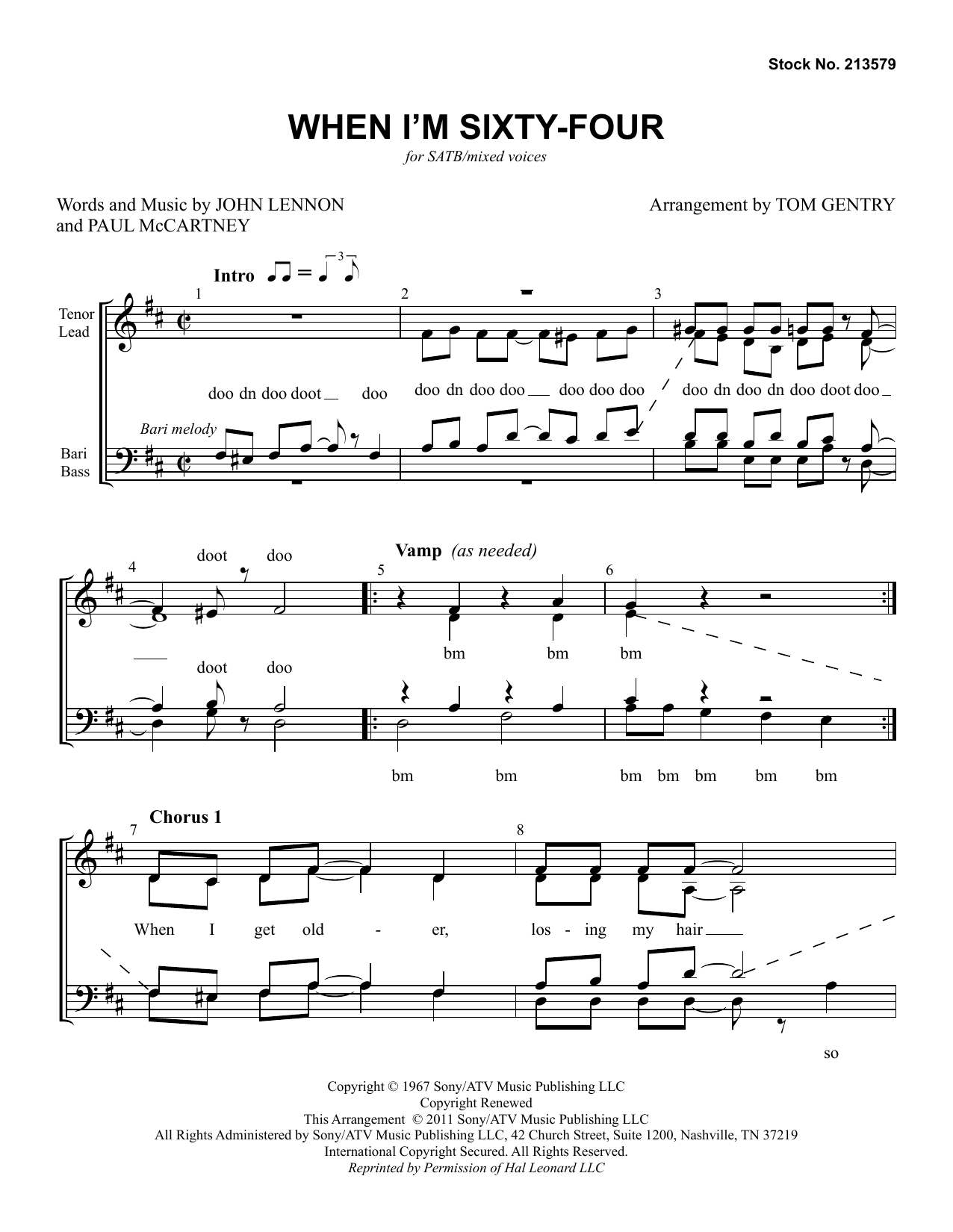 The Beatles When I'm Sixty-Four (arr. Tom Gentry) Sheet Music Notes & Chords for TTBB Choir - Download or Print PDF