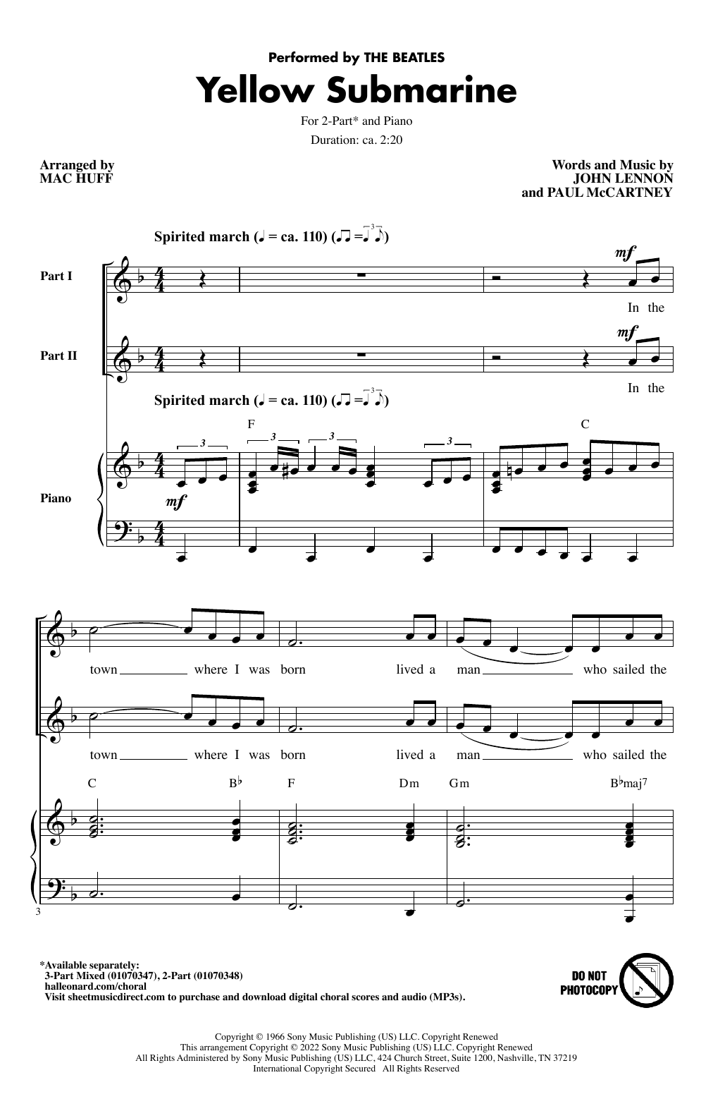The Beatles Yellow Submarine (arr. Mac Huff) Sheet Music Notes & Chords for 2-Part Choir - Download or Print PDF