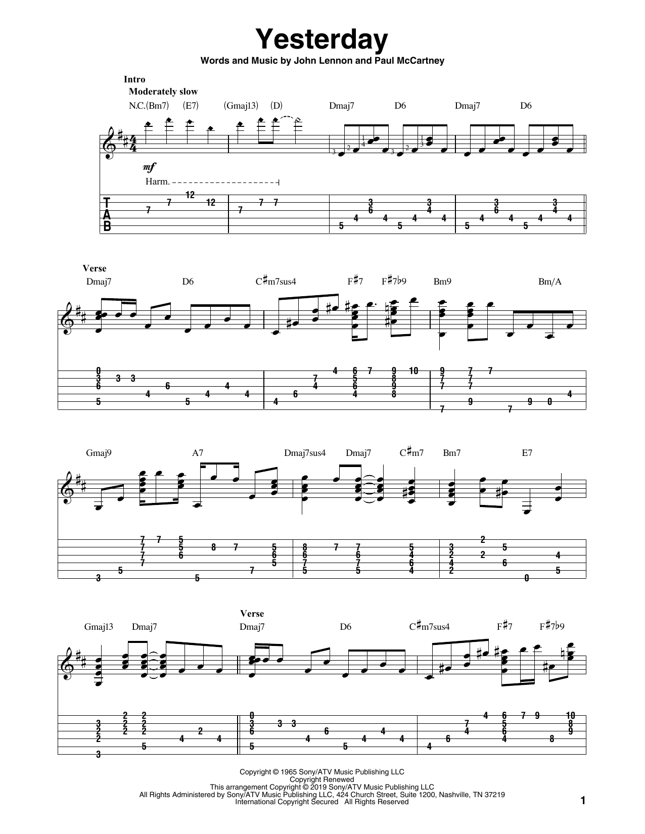 The Beatles Yesterday (arr. Bill LaFleur) Sheet Music Notes & Chords for Solo Guitar Tab - Download or Print PDF