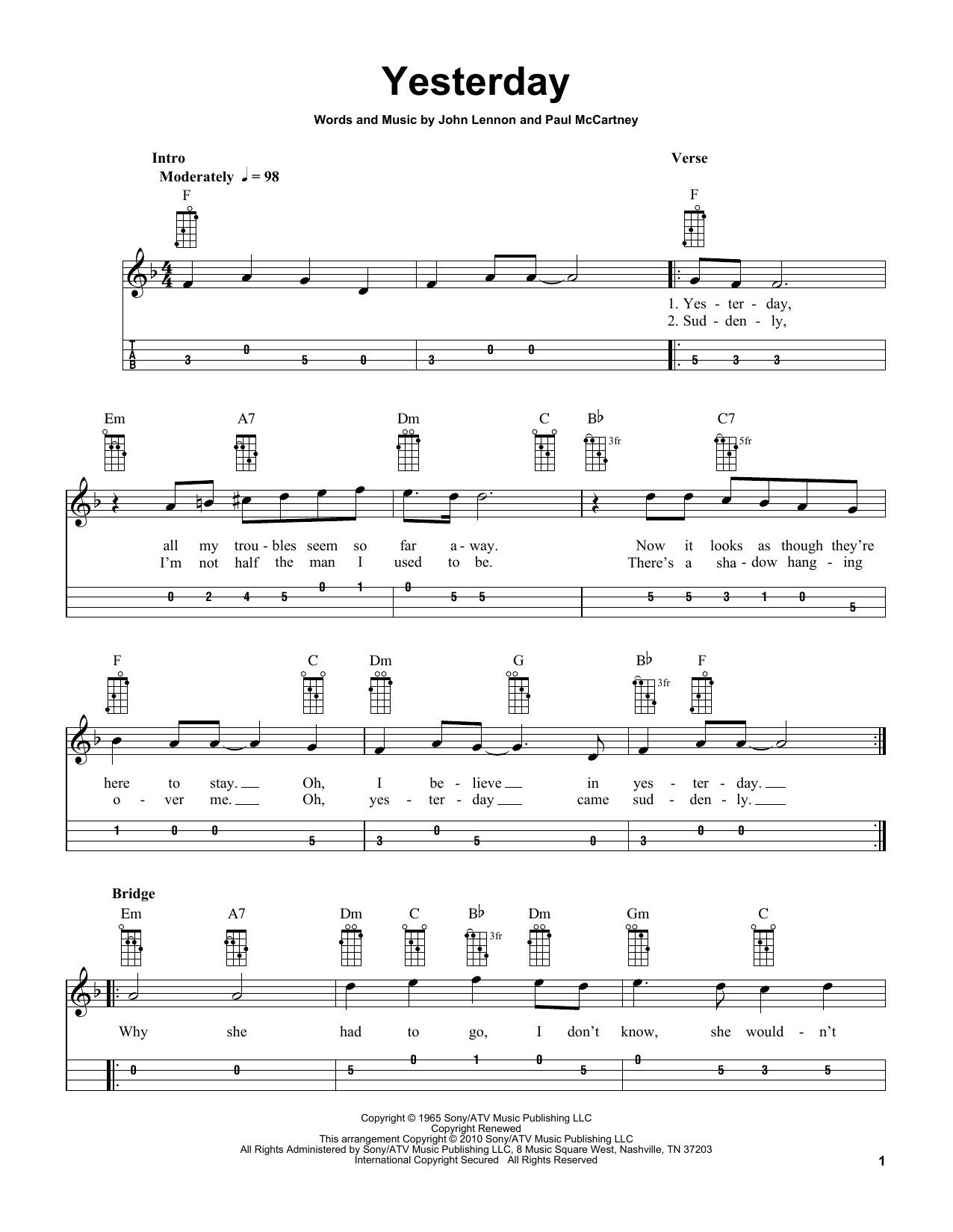 The Beatles Yesterday (arr. Bobby Westfall) Sheet Music Notes & Chords for Mandolin - Download or Print PDF