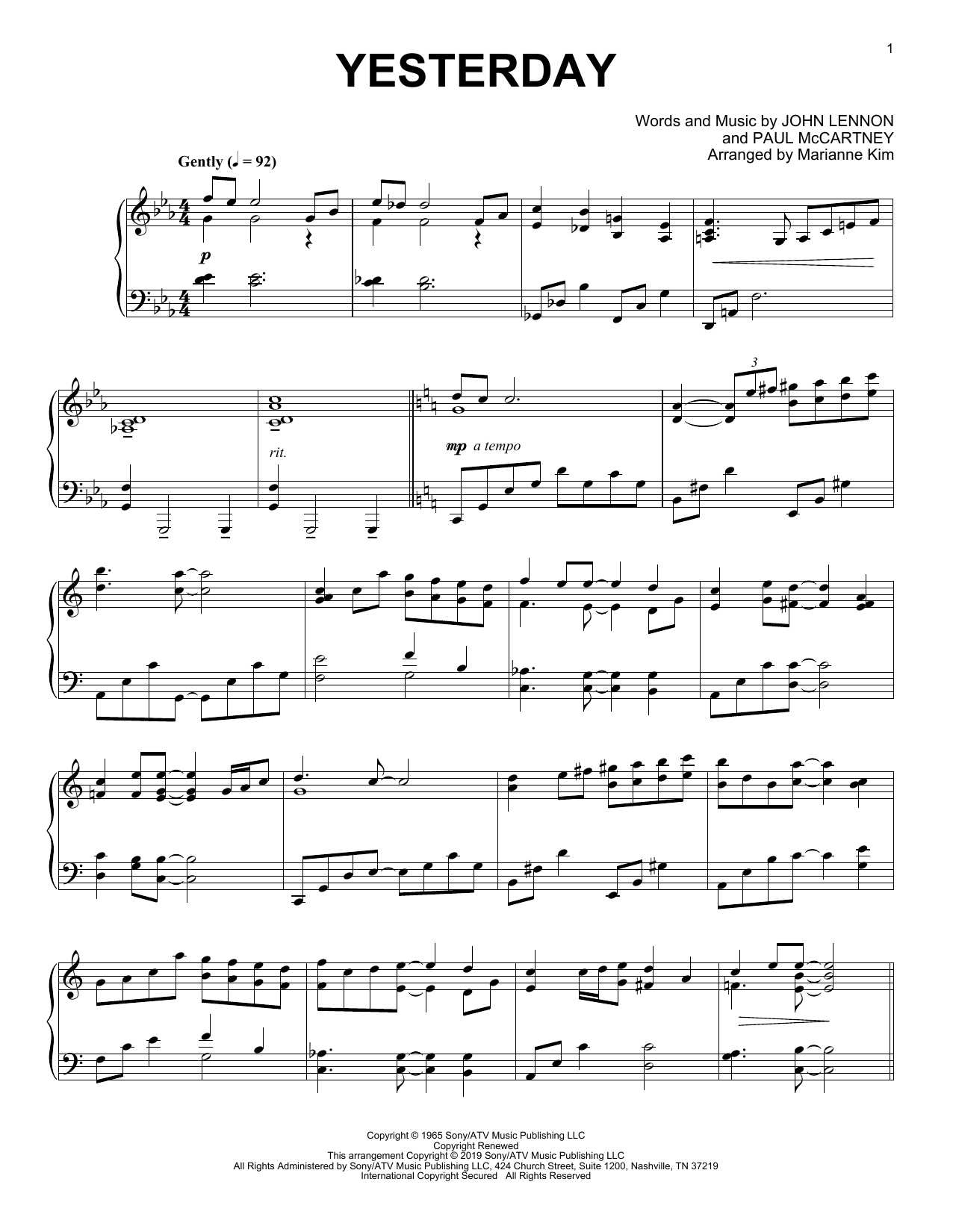 The Beatles Yesterday (arr. Marianne Kim) Sheet Music Notes & Chords for Piano Solo - Download or Print PDF