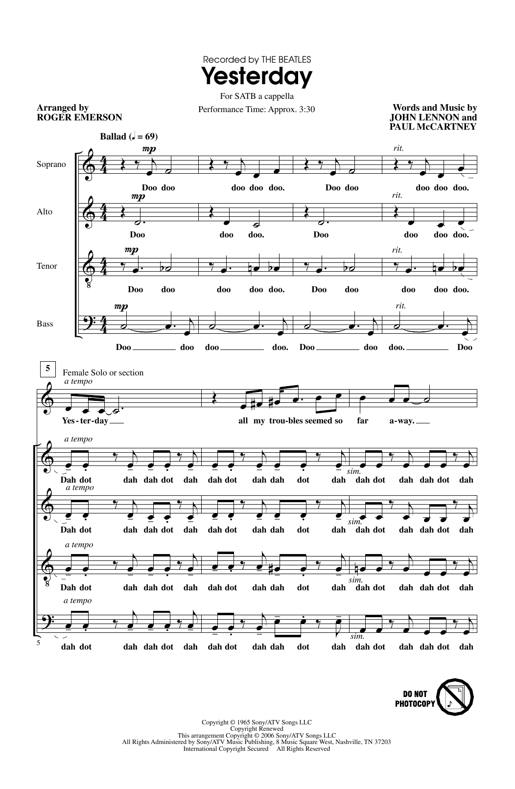 The Beatles Yesterday (arr. Roger Emerson) Sheet Music Notes & Chords for SATB Choir - Download or Print PDF