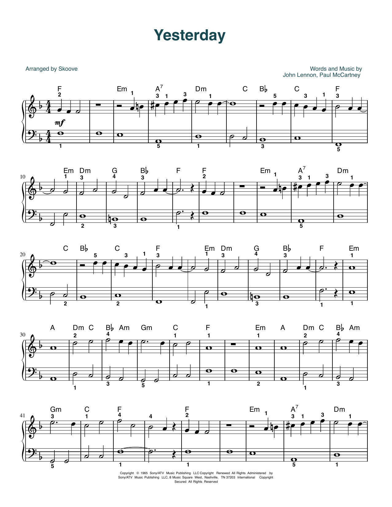 The Beatles Yesterday (arr. Skoove) Sheet Music Notes & Chords for Easy Piano - Download or Print PDF