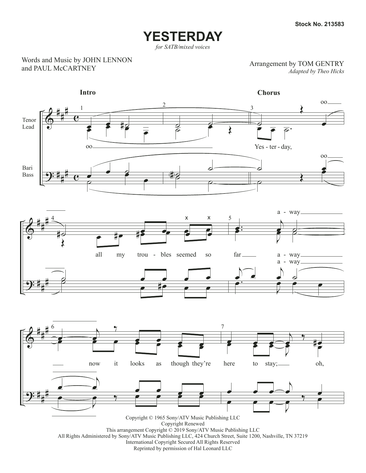 The Beatles Yesterday (arr. Tom Gentry) Sheet Music Notes & Chords for TTBB Choir - Download or Print PDF