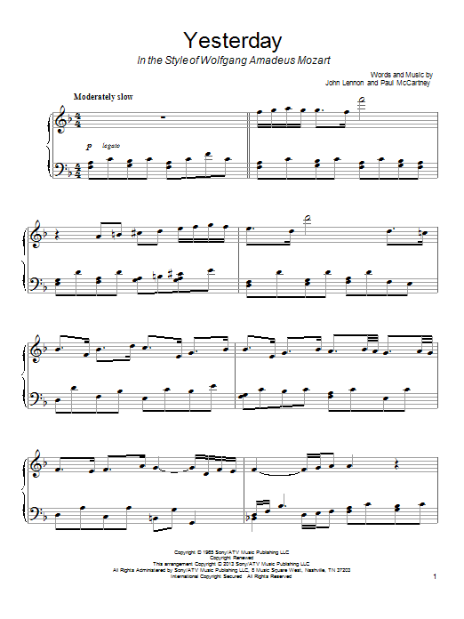 The Beatles Yesterday [Classical version] Sheet Music Notes & Chords for Piano - Download or Print PDF