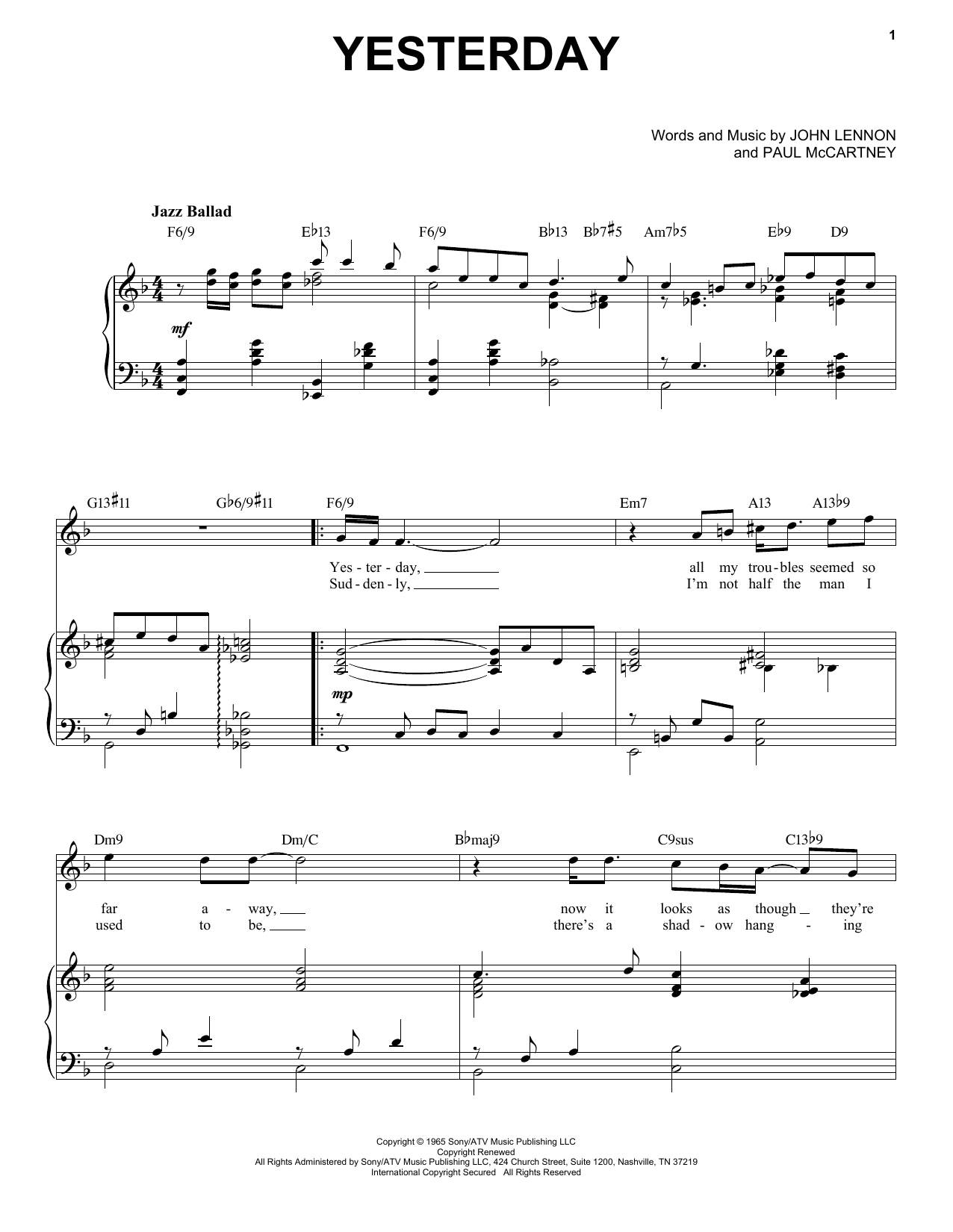 The Beatles Yesterday [Jazz version] (arr. Brent Edstrom) Sheet Music Notes & Chords for Piano & Vocal - Download or Print PDF