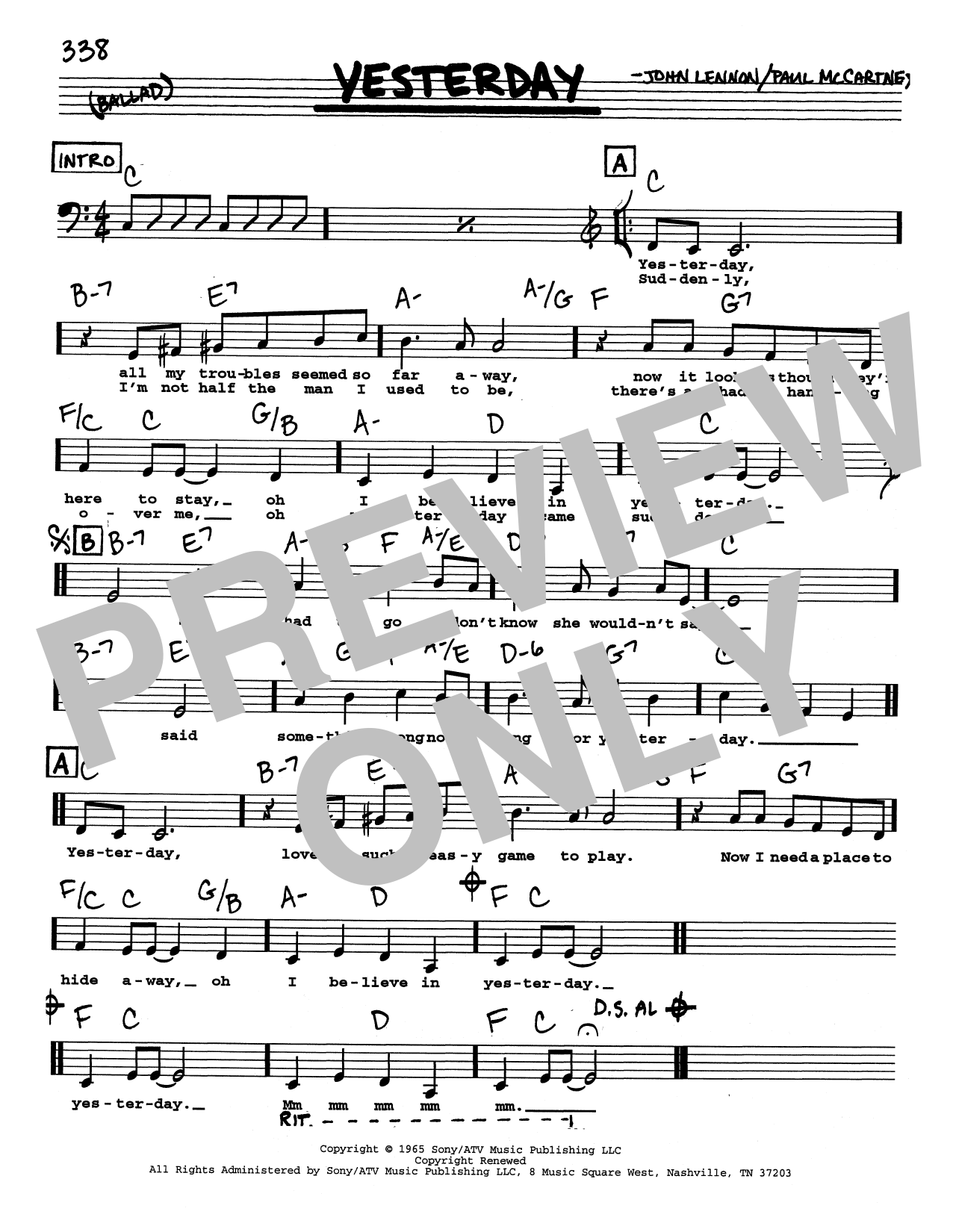 The Beatles Yesterday (Low Voice) Sheet Music Notes & Chords for Real Book – Melody, Lyrics & Chords - Download or Print PDF