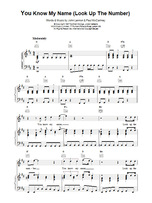 The Beatles You Know My Name (Look Up The Number) Sheet Music Notes & Chords for Piano, Vocal & Guitar (Right-Hand Melody) - Download or Print PDF