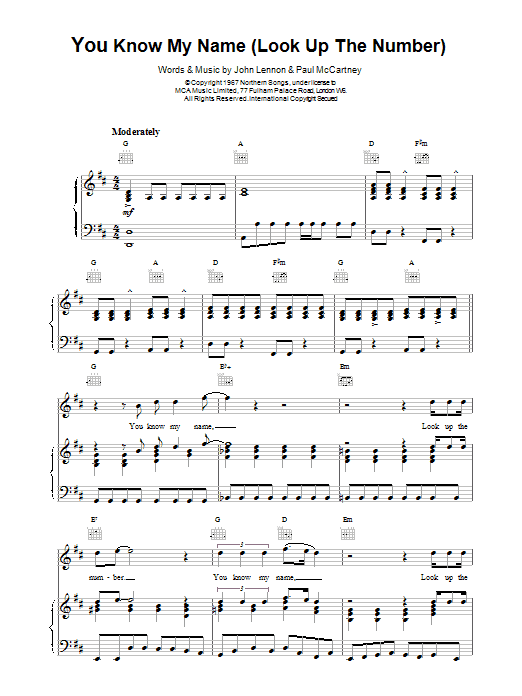 The Beatles You Know My Name (Look Up The Number) Sheet Music Notes & Chords for Lyrics & Chords - Download or Print PDF