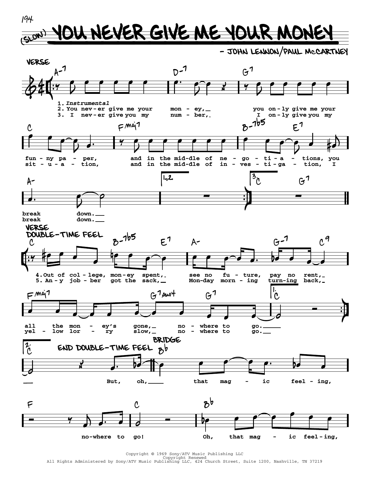 The Beatles You Never Give Me Your Money [Jazz version] Sheet Music Notes & Chords for Real Book – Melody, Lyrics & Chords - Download or Print PDF