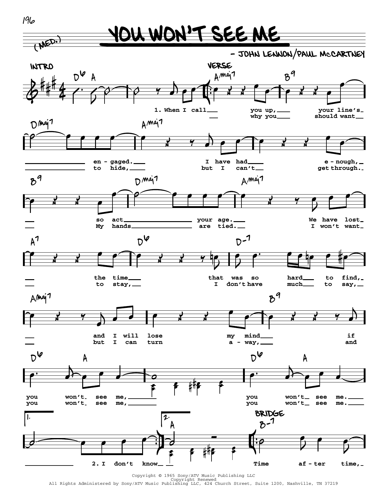 The Beatles You Won't See Me [Jazz version] Sheet Music Notes & Chords for Real Book – Melody, Lyrics & Chords - Download or Print PDF