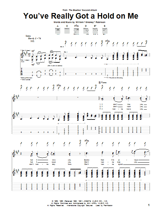 The Beatles You've Really Got A Hold On Me Sheet Music Notes & Chords for Guitar Tab - Download or Print PDF