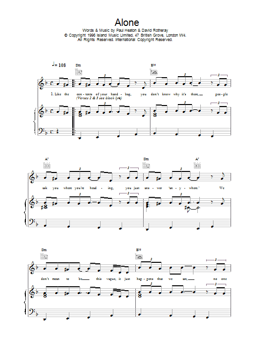 The Beautiful South Alone Sheet Music Notes & Chords for Piano, Vocal & Guitar (Right-Hand Melody) - Download or Print PDF