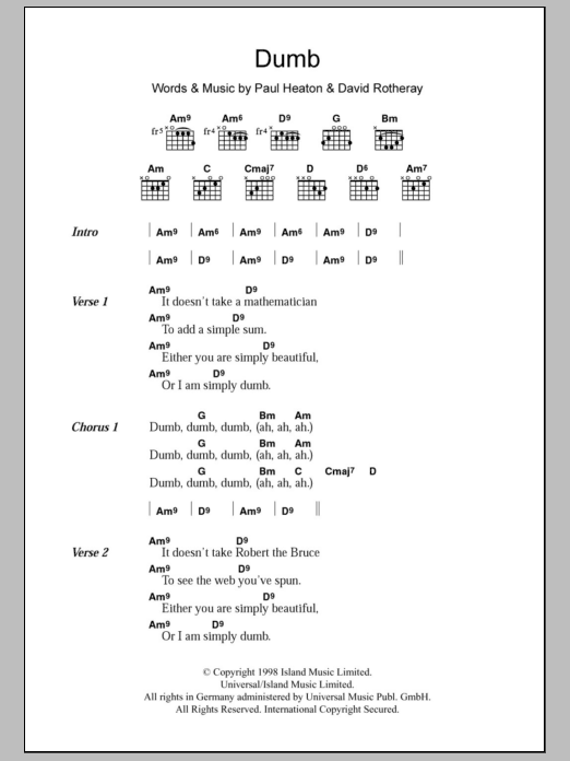 The Beautiful South Dumb Sheet Music Notes & Chords for Lyrics & Chords - Download or Print PDF