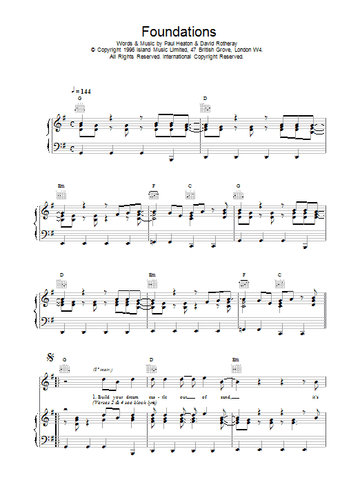 The Beautiful South Foundations Sheet Music Notes & Chords for Piano, Vocal & Guitar (Right-Hand Melody) - Download or Print PDF