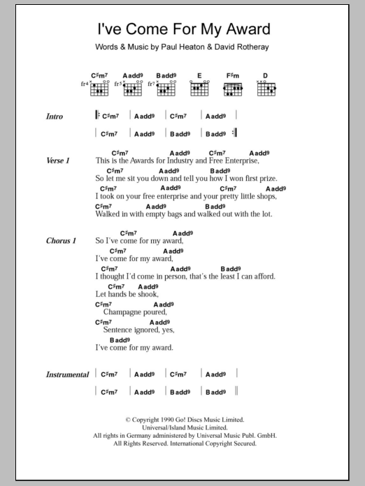 The Beautiful South I've Come For My Award Sheet Music Notes & Chords for Lyrics & Chords - Download or Print PDF