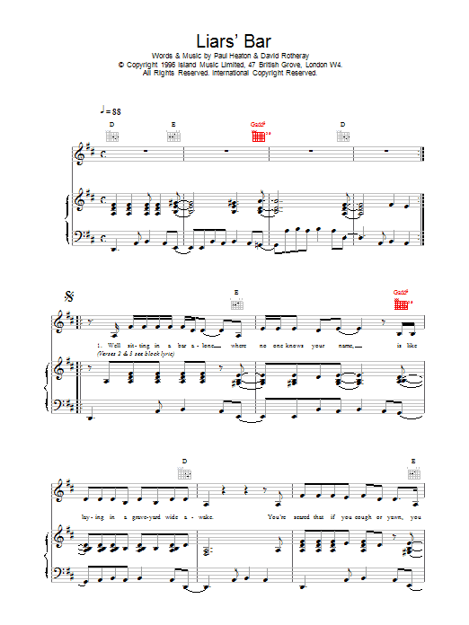 The Beautiful South Liar's Bar Sheet Music Notes & Chords for Piano, Vocal & Guitar (Right-Hand Melody) - Download or Print PDF