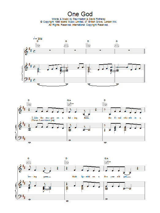 The Beautiful South One God Sheet Music Notes & Chords for Piano, Vocal & Guitar (Right-Hand Melody) - Download or Print PDF