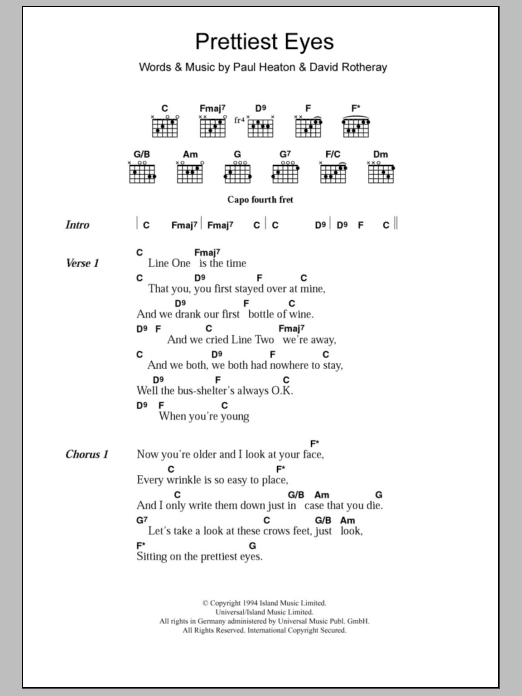 The Beautiful South Prettiest Eyes Sheet Music Notes & Chords for Lyrics & Chords - Download or Print PDF