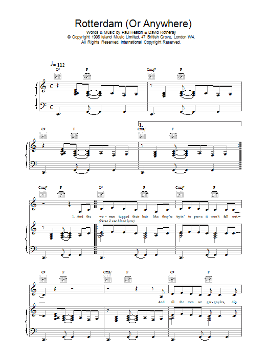 The Beautiful South Rotterdam (Or Anywhere) Sheet Music Notes & Chords for Piano, Vocal & Guitar (Right-Hand Melody) - Download or Print PDF