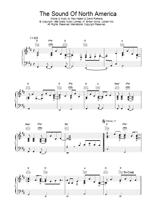 The Beautiful South The Sound Of North America Sheet Music Notes & Chords for Piano, Vocal & Guitar (Right-Hand Melody) - Download or Print PDF