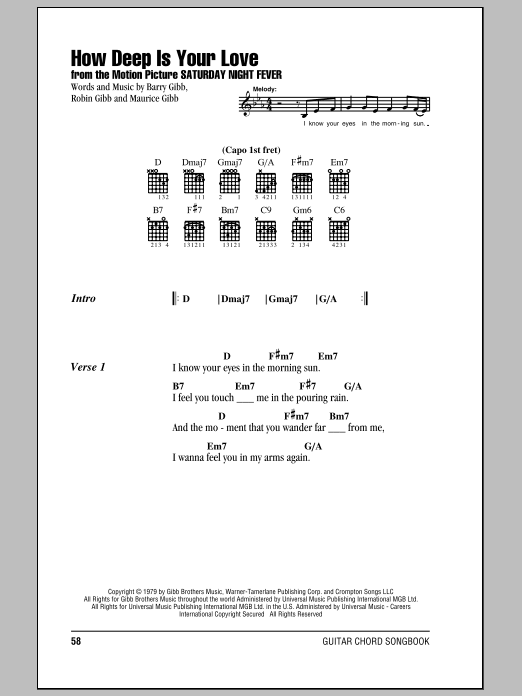 Bee Gees How Deep Is Your Love Sheet Music Notes & Chords for Melody Line, Lyrics & Chords - Download or Print PDF