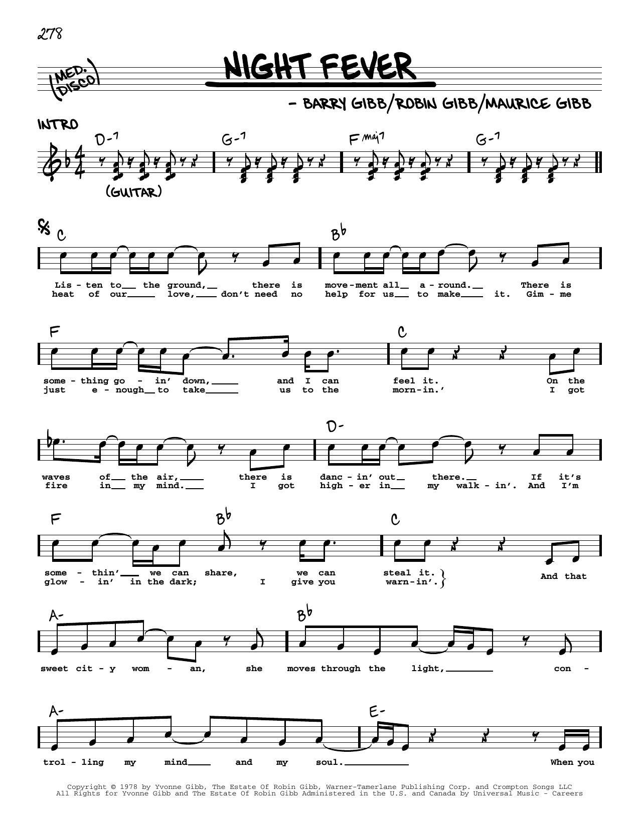 The Bee Gees Night Fever Sheet Music Notes & Chords for Real Book – Melody, Lyrics & Chords - Download or Print PDF