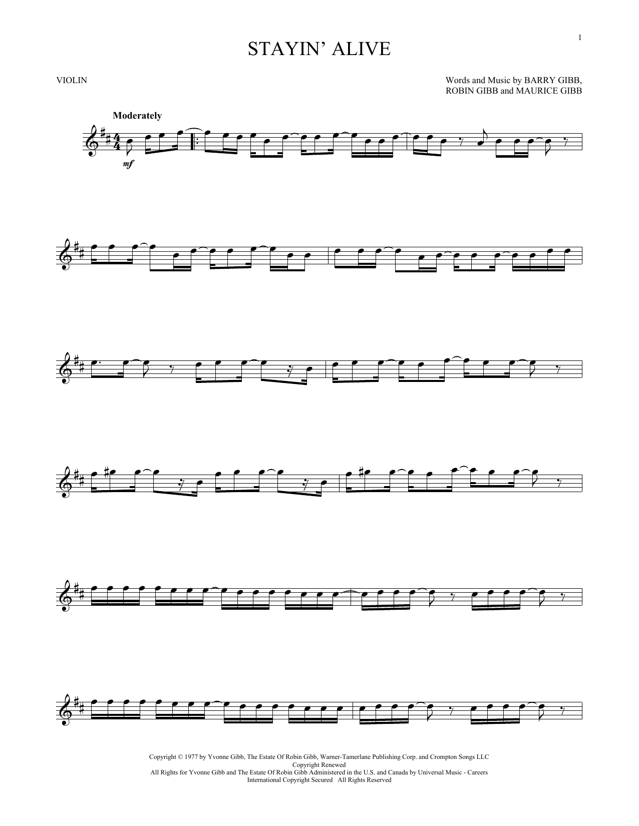 The Bee Gees Stayin' Alive Sheet Music Notes & Chords for Violin - Download or Print PDF