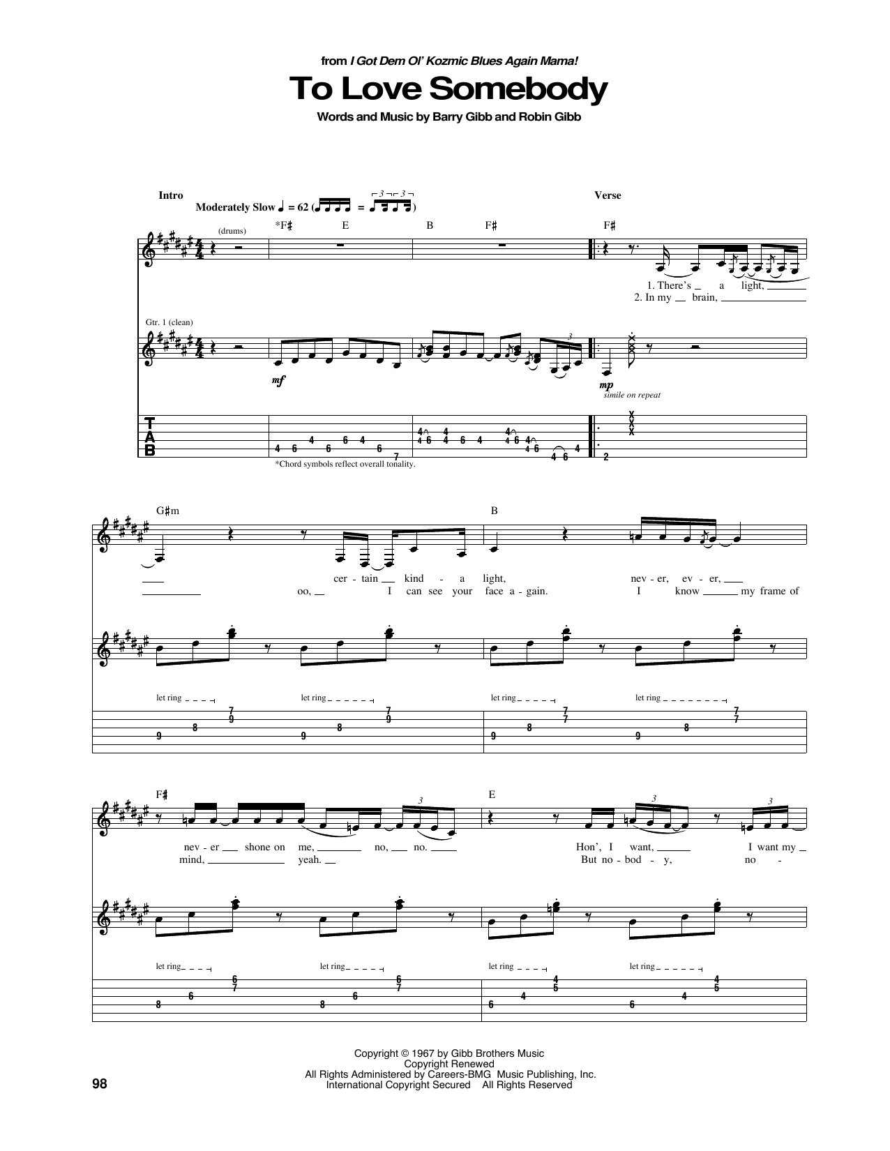 The Bee Gees To Love Somebody Sheet Music Notes & Chords for Guitar Tab - Download or Print PDF