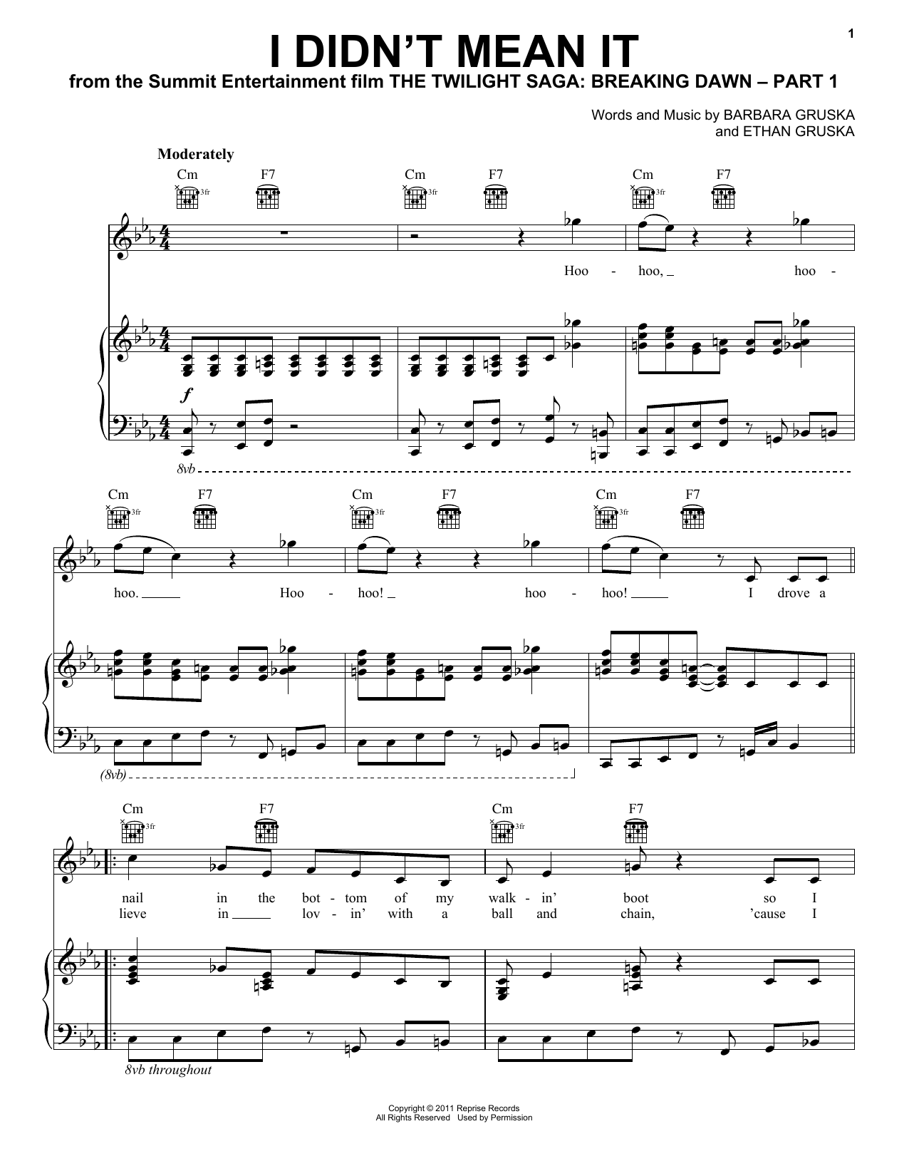 The Belle Brigade I Didn't Mean It (from The Twilight Saga: Breaking Dawn, Part 1) Sheet Music Notes & Chords for Piano, Vocal & Guitar (Right-Hand Melody) - Download or Print PDF