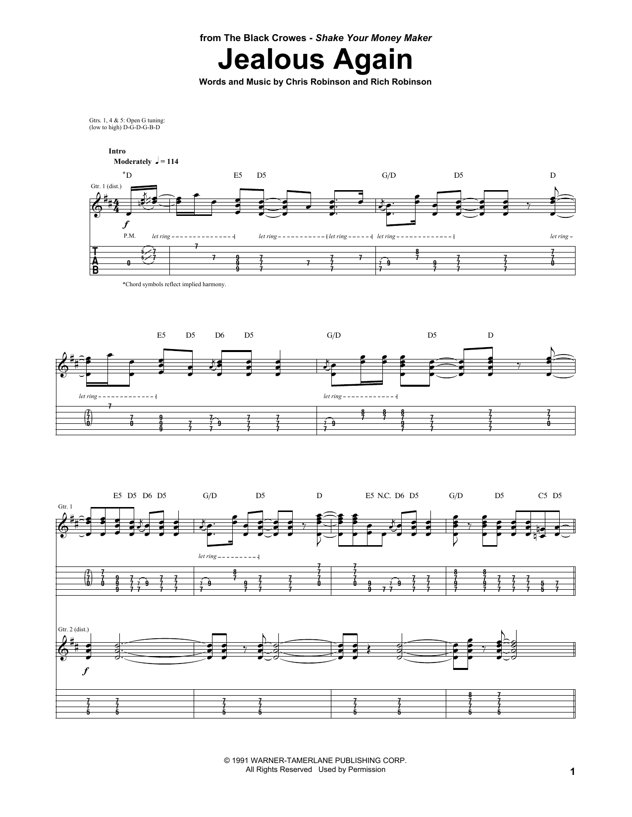 Black Crowes Jealous Again Sheet Music Notes & Chords for Guitar Tab - Download or Print PDF