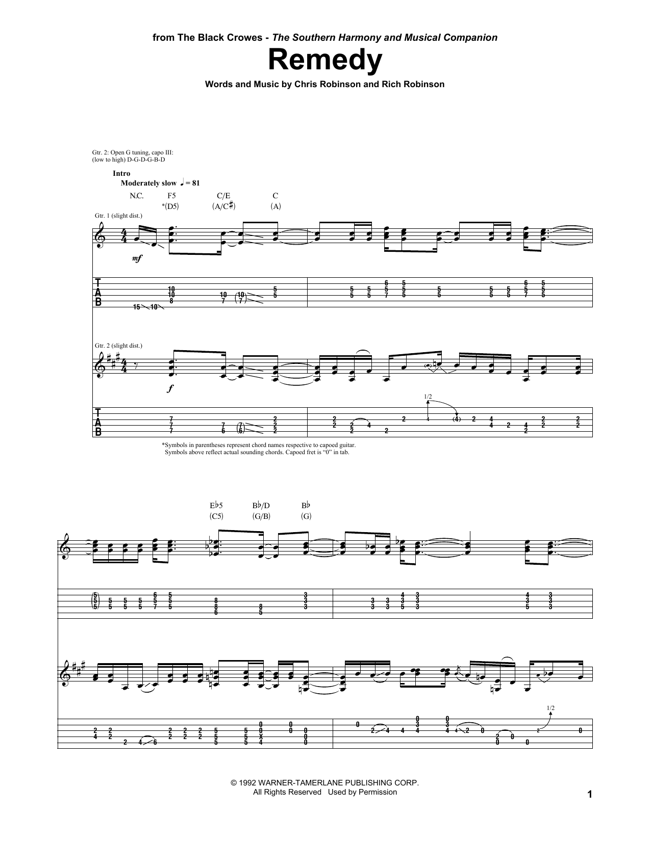 The Black Crowes Remedy Sheet Music Notes & Chords for Guitar Tab - Download or Print PDF