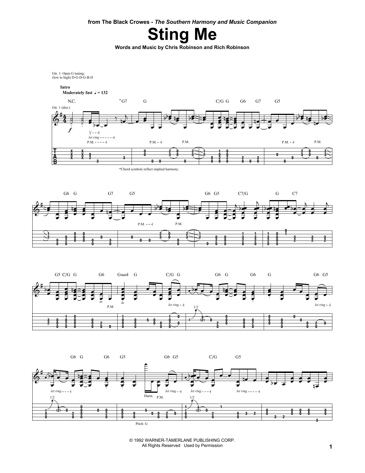 The Black Crowes Sting Me Sheet Music Notes & Chords for Guitar Tab - Download or Print PDF
