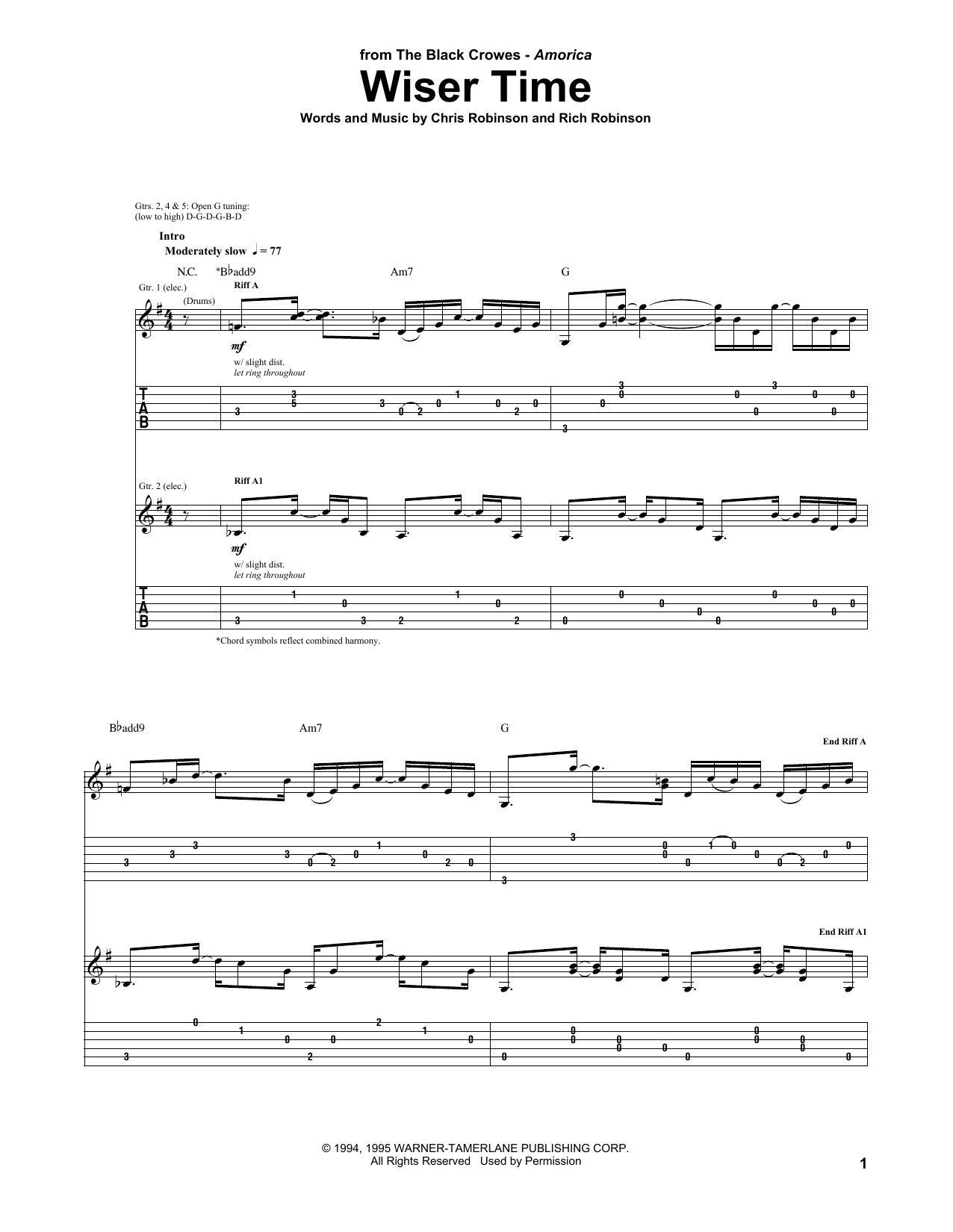 The Black Crowes Wiser Time Sheet Music Notes & Chords for Guitar Tab - Download or Print PDF