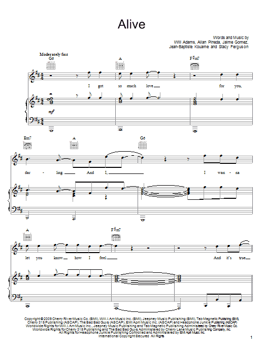 The Black Eyed Peas Alive Sheet Music Notes & Chords for Piano, Vocal & Guitar (Right-Hand Melody) - Download or Print PDF The Black Eyed Peas Alive Sheet Music Notes & Chords for Piano, Vocal & Guitar (Right-Hand Melody) - Download or Print PDF
