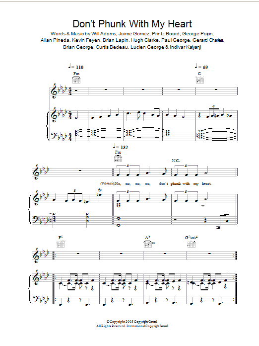 The Black Eyed Peas Don't Phunk With My Heart Sheet Music Notes & Chords for Piano, Vocal & Guitar (Right-Hand Melody) - Download or Print PDF