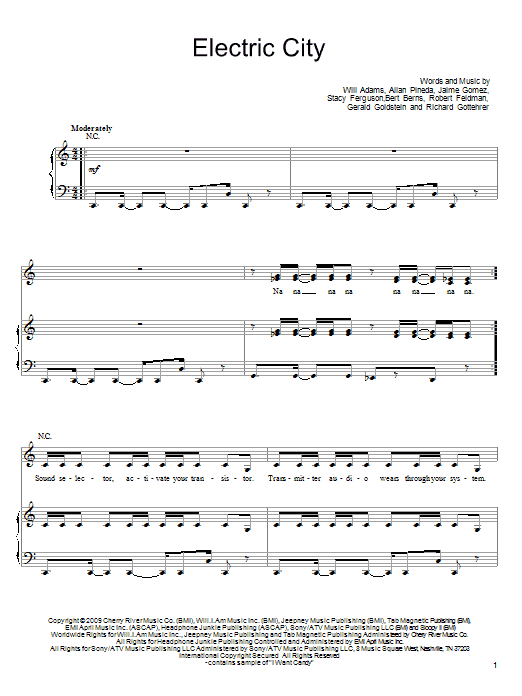 The Black Eyed Peas Electric City Sheet Music Notes & Chords for Piano, Vocal & Guitar (Right-Hand Melody) - Download or Print PDF