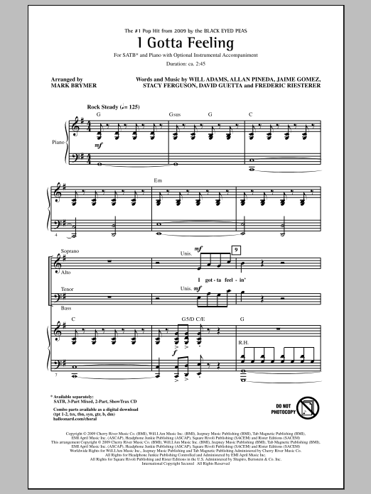 The Black Eyed Peas I Gotta Feeling (arr. Mark Brymer) Sheet Music Notes & Chords for 3-Part Mixed - Download or Print PDF