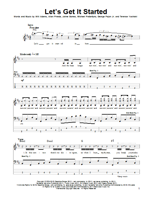 The Black Eyed Peas Let's Get It Started Sheet Music Notes & Chords for Bass Guitar Tab - Download or Print PDF