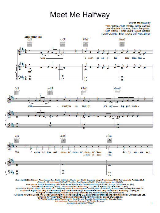 The Black Eyed Peas Meet Me Halfway Sheet Music Notes & Chords for Piano, Vocal & Guitar (Right-Hand Melody) - Download or Print PDF