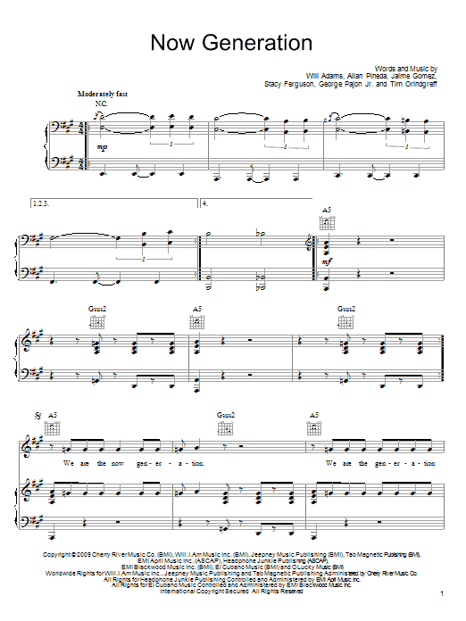 The Black Eyed Peas Now Generation Sheet Music Notes & Chords for Piano, Vocal & Guitar (Right-Hand Melody) - Download or Print PDF The Black Eyed Peas Now Generation Sheet Music Notes & Chords for Piano, Vocal & Guitar (Right-Hand Melody) - Download or Print PDF