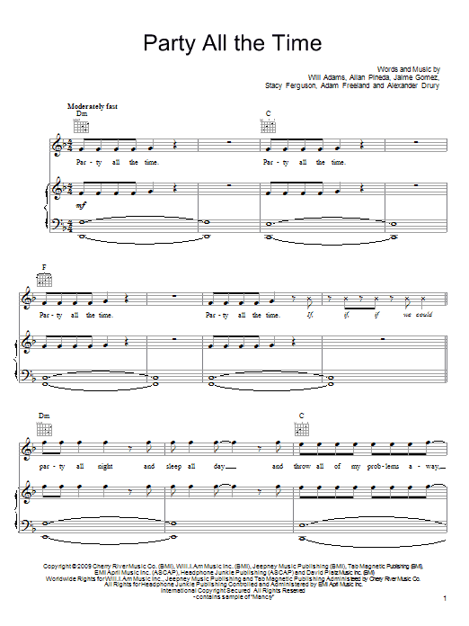 The Black Eyed Peas Party All The Time Sheet Music Notes & Chords for Piano, Vocal & Guitar (Right-Hand Melody) - Download or Print PDF