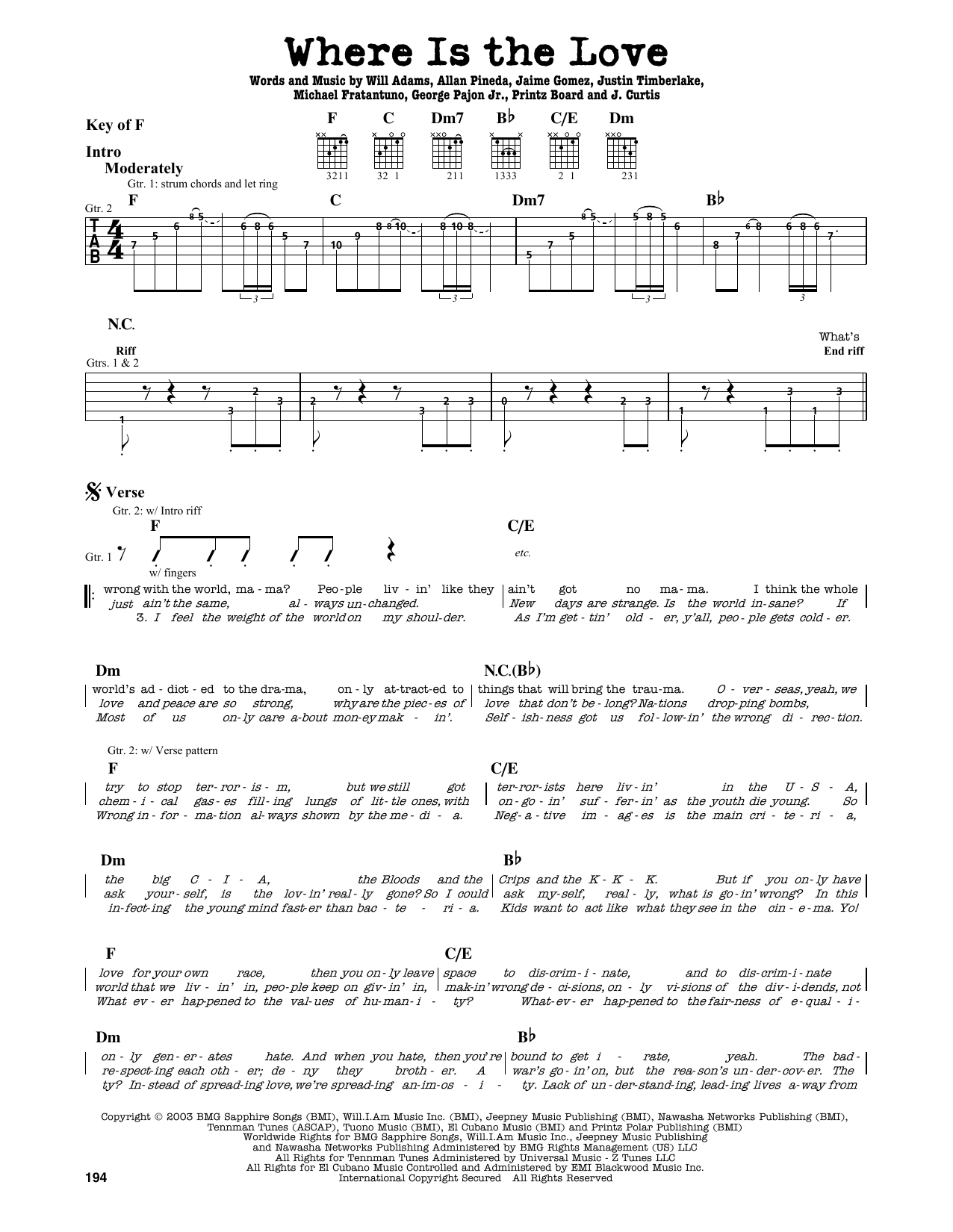 The Black Eyed Peas Where Is The Love? Sheet Music Notes & Chords for Lyrics & Chords - Download or Print PDF